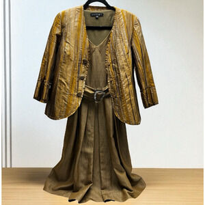 Lafayette 148 New York Brown Gold Dress Suit Set Size 4 Virgin Wool Silk Jacket